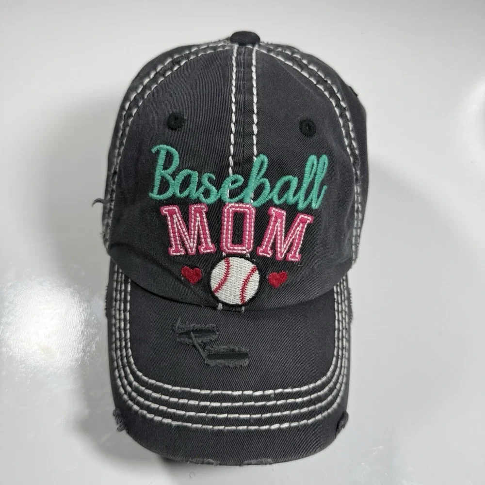 Distressed Charcoal Baseball Mom Hat Teal Pink Embroidered Cap Adjustable Gray